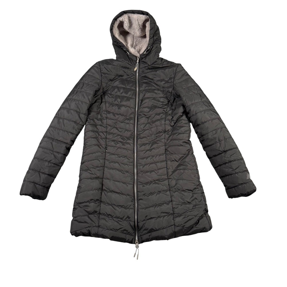 New Balance Womens Black Quilted Puffer Jacket Sherpa Lined Hooded Parka Small